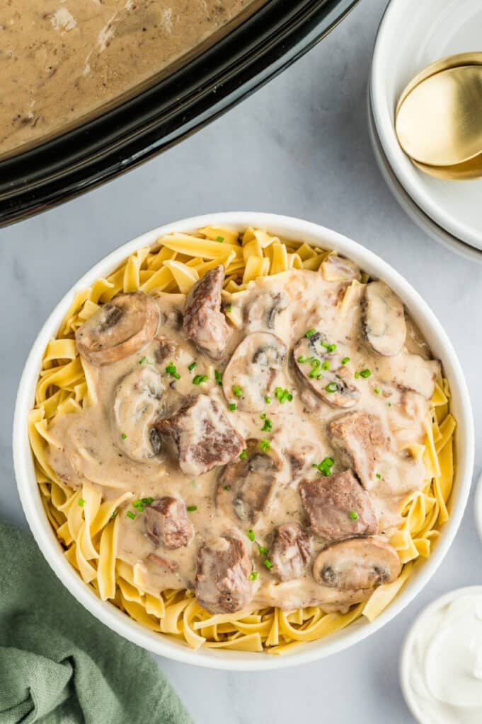 overhead shot of beef stroganoff on egg noodles.