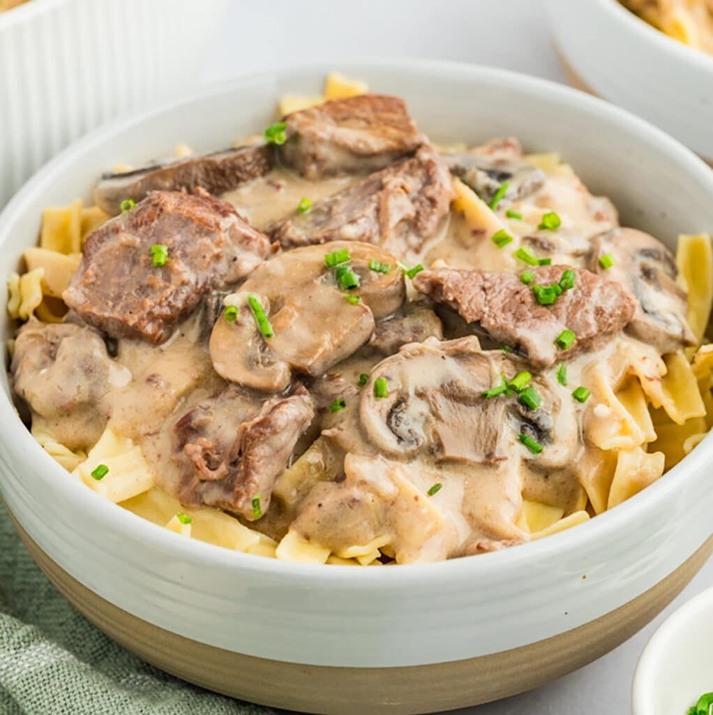 bowl of beef stroganoff over egg noodles.