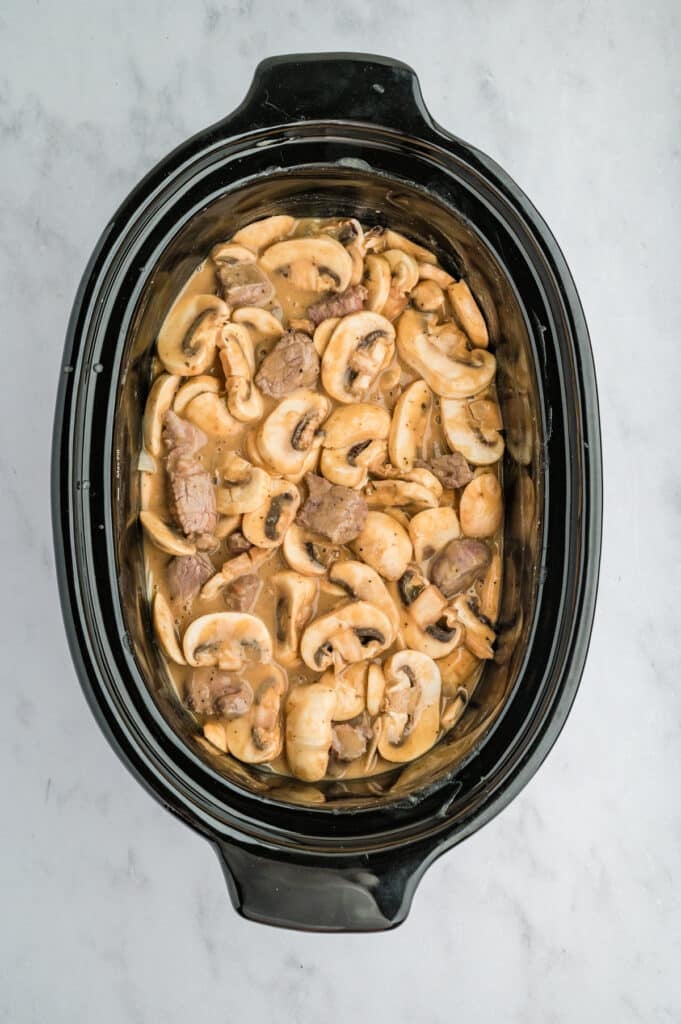 overhead shot of beef stroganoff in a crockpot.