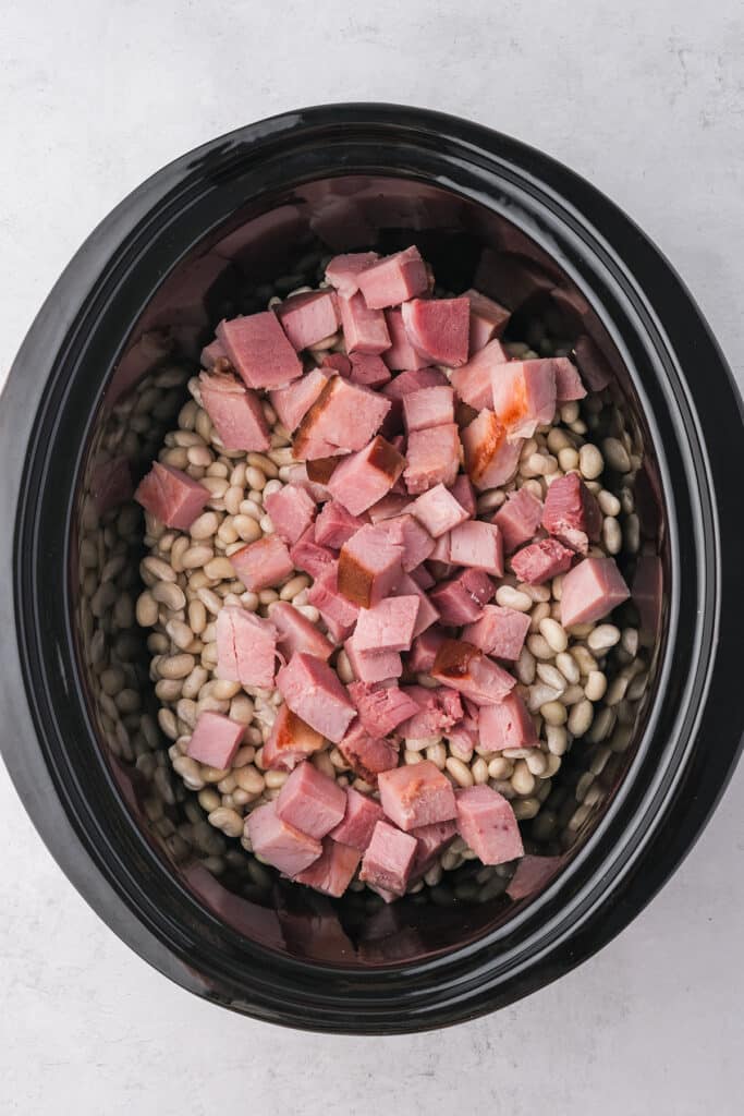 overhead shot of ham and white beans in a crockpot.