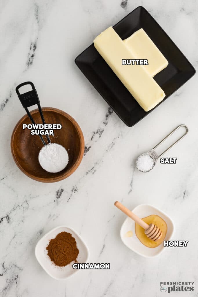 overhead shot of labeled ingredients laid out to make cinnamon honey butter.