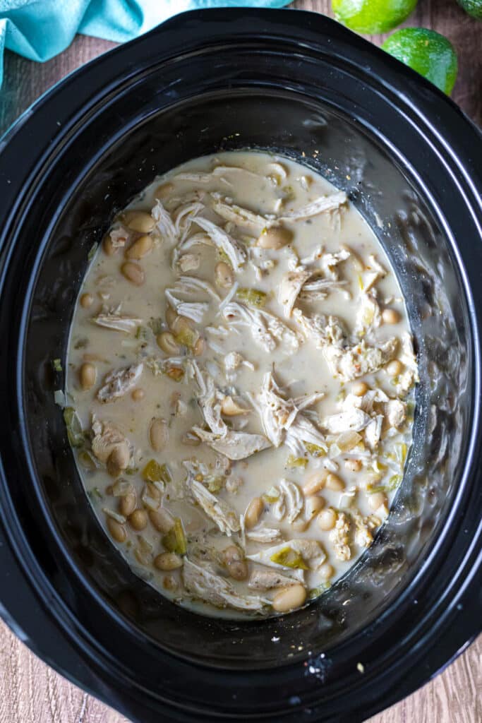 overhead shot of white bean chicken chili in a crockpot.