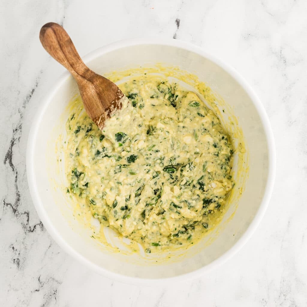 overhead shot of mixing bowl with quick bread batter.