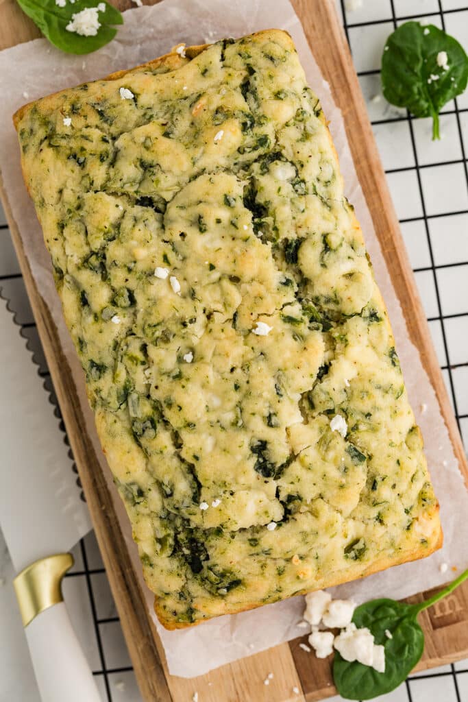 overhead shot of a loaf of spinach feta bread.