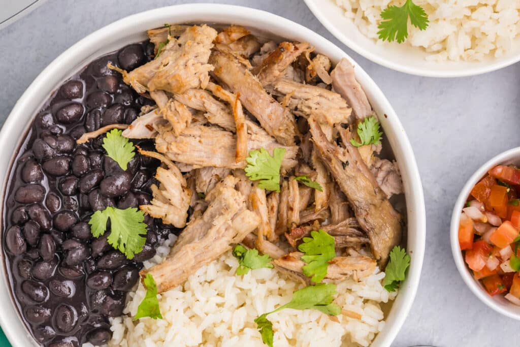 bowl of carnitas, rice, and black beans topped with cilantro.
