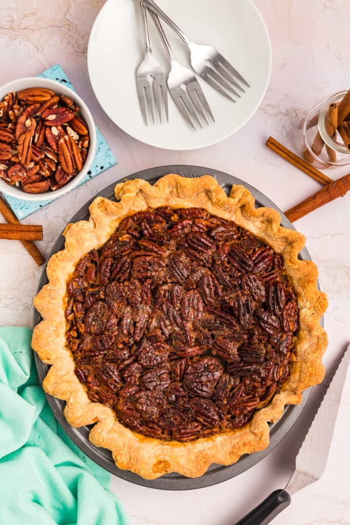 overhead shot of a freshly baked pecan pie.