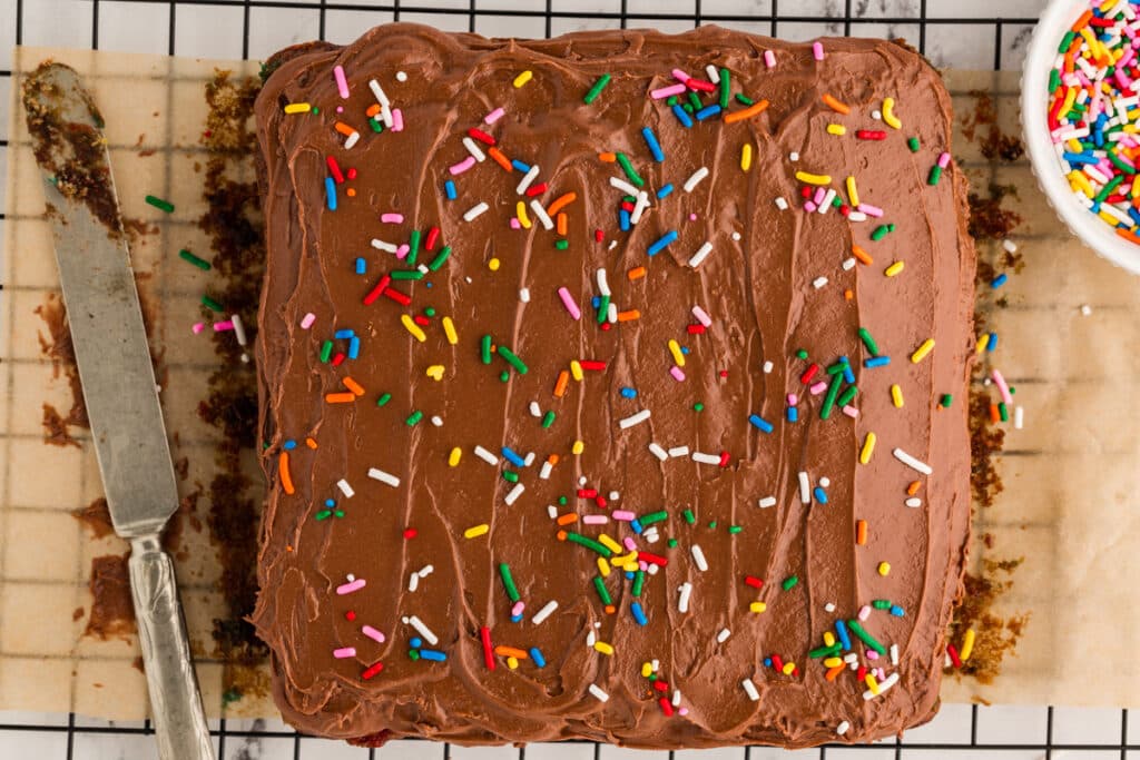 overhead shot of unsliced square cake topped with chocolate frosting and rainbow sprinkles.