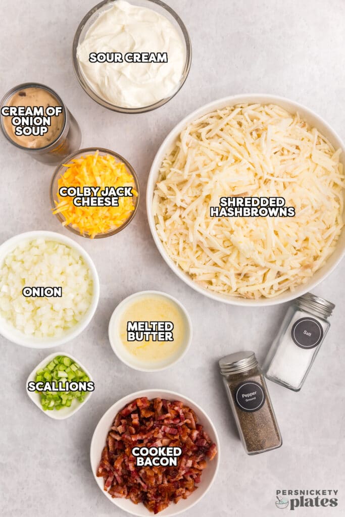 Ingredients for hash brown casserole laid out on a countertop.