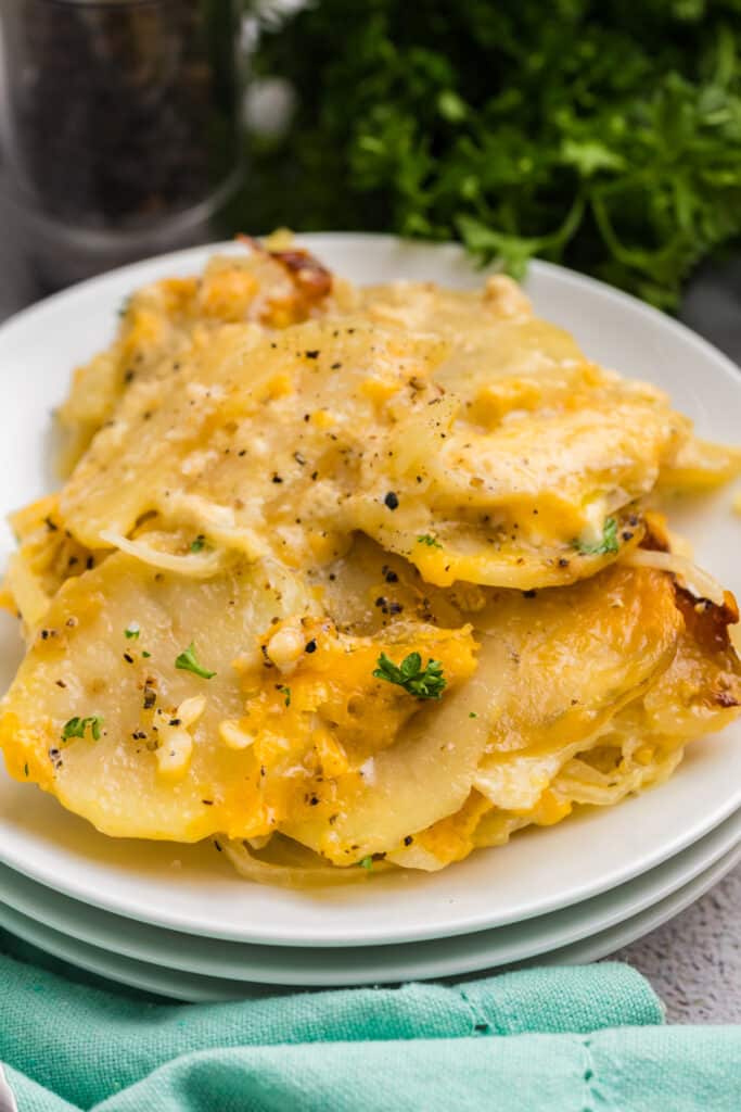 A plate of cheesy scalloped potatoes garnished with herbs