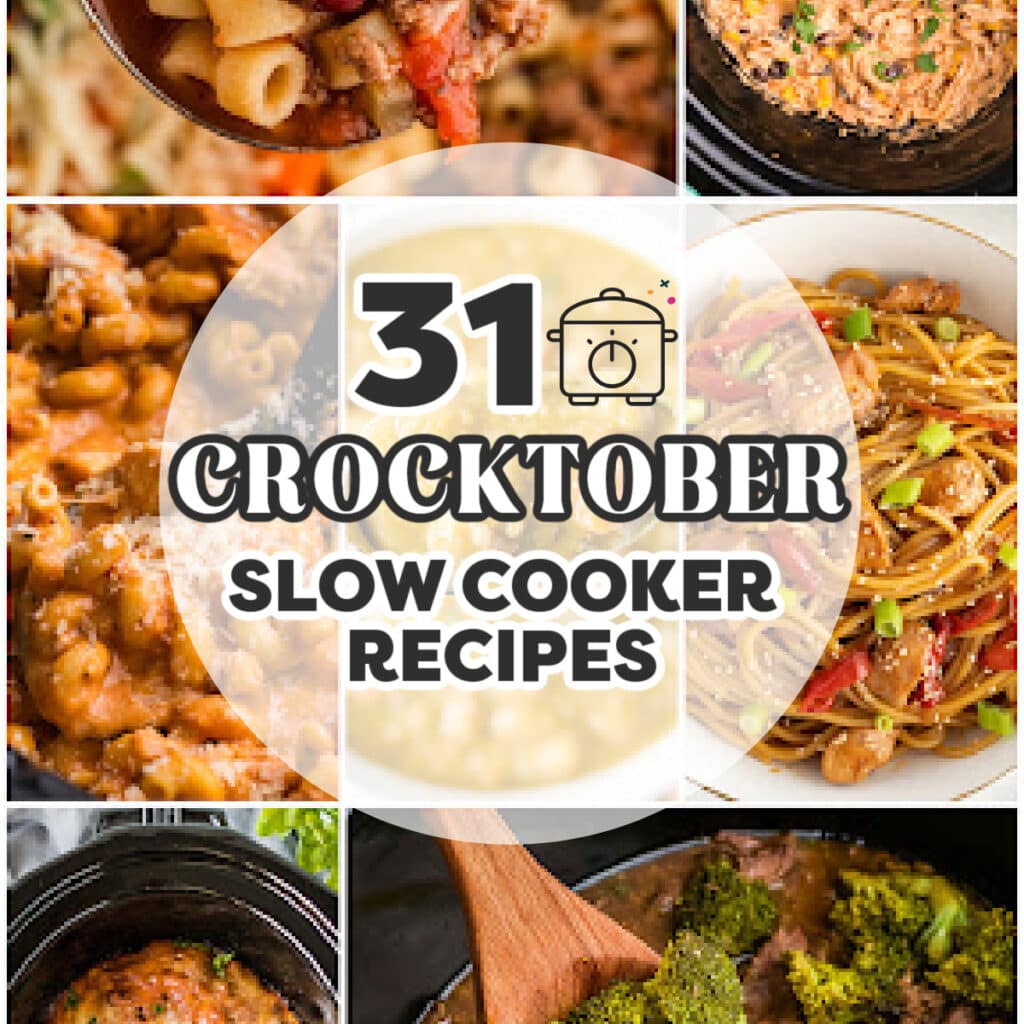 collage of slow cooker pics reading "31 crocktober slow cooker recipes". 