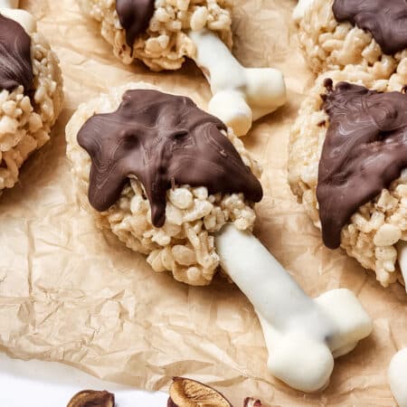 turkey leg rice krispie treats drizzled with chocolate gravy.