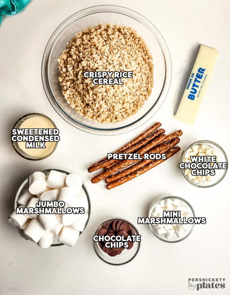 overhead shot of labeled ingredients laid out to make rice krispie turkey legs.