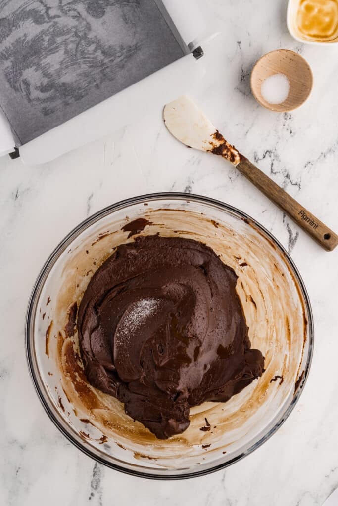 Mixed chocolate fudge batter in a bowl.