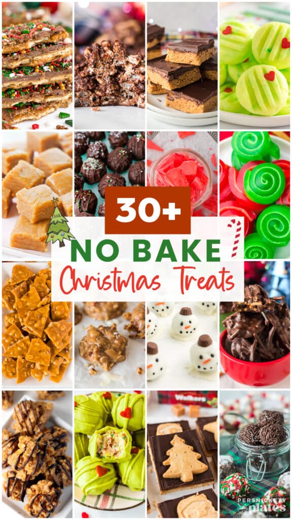 collage of photos showing christmas treats reading "30+ no bake christmas treats".