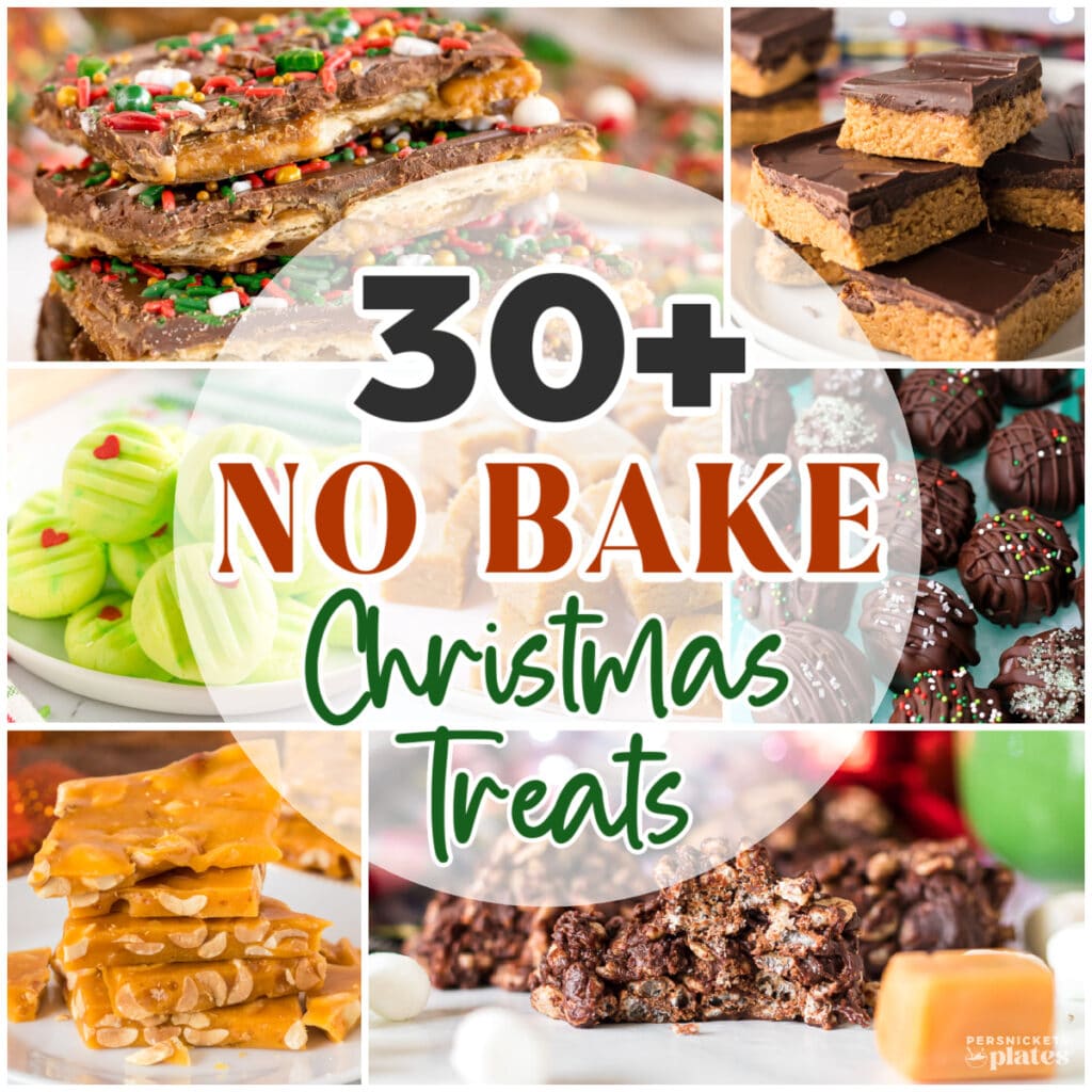 collage of photos showing christmas treats reading "30+ no bake christmas treats". 