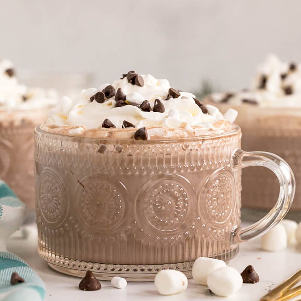 A glass mug filled with hot chocolate topped with whipped cream, mini chocolate chips, and marshmallows.