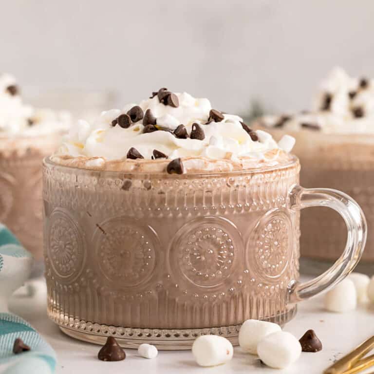 A glass mug filled with hot chocolate topped with whipped cream, mini chocolate chips, and marshmallows.