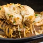 Cheesy French onion chicken lifted from slow cooker.