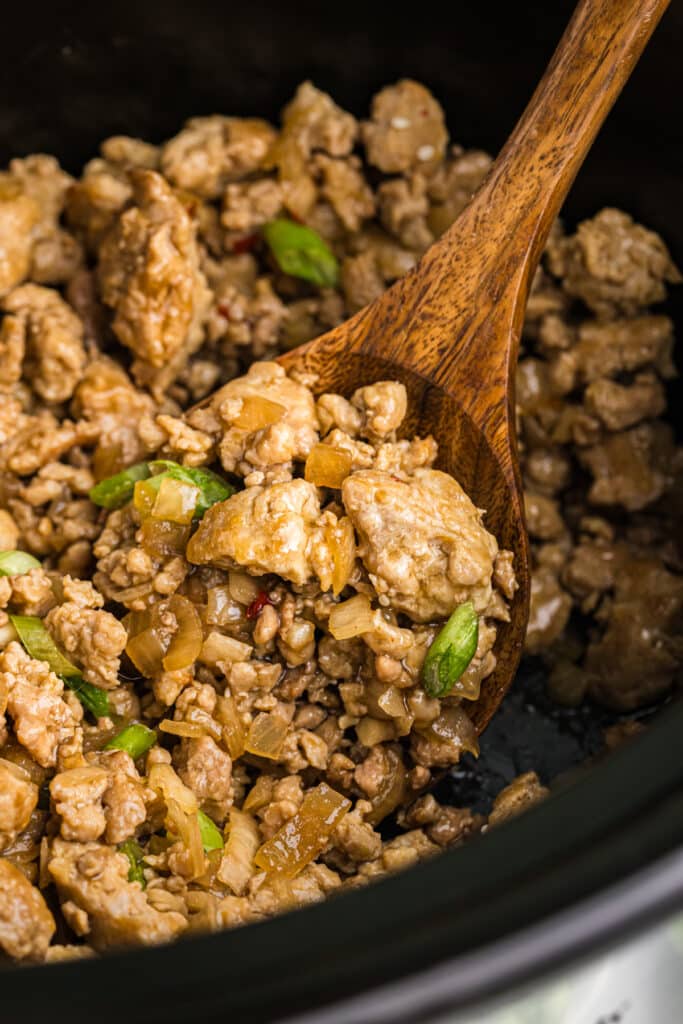 Ground chicken mixture in a crockpot with a wooden spoon.