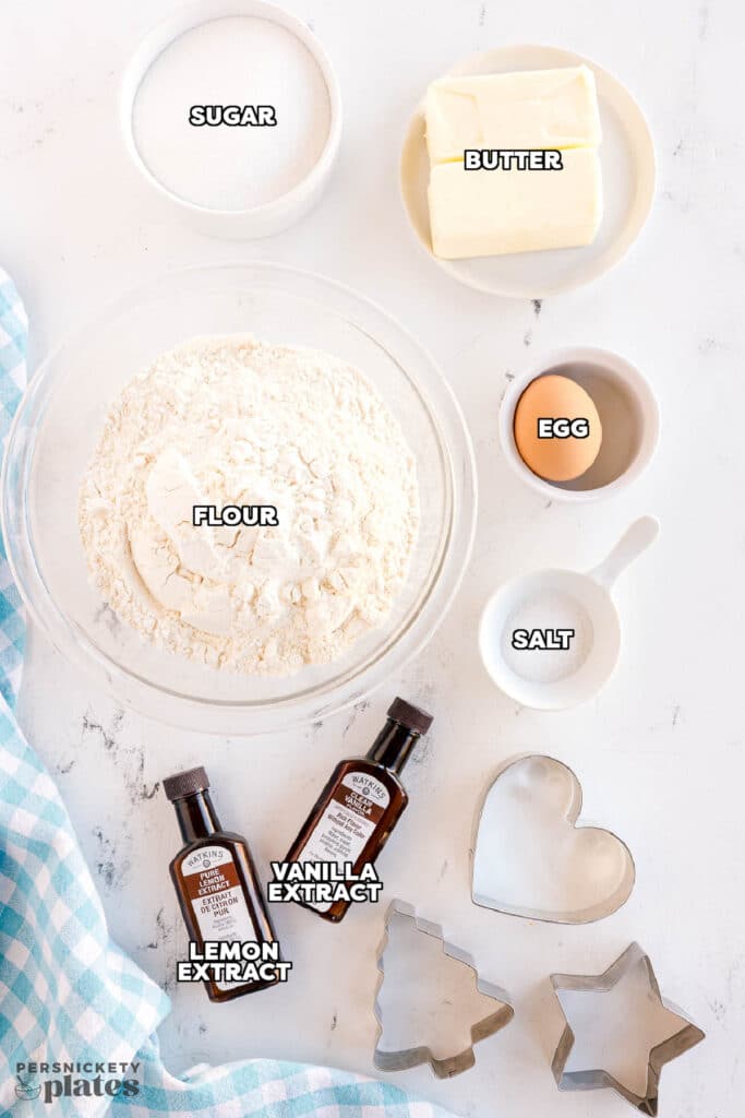 Labeled ingredients for sugar cookies.