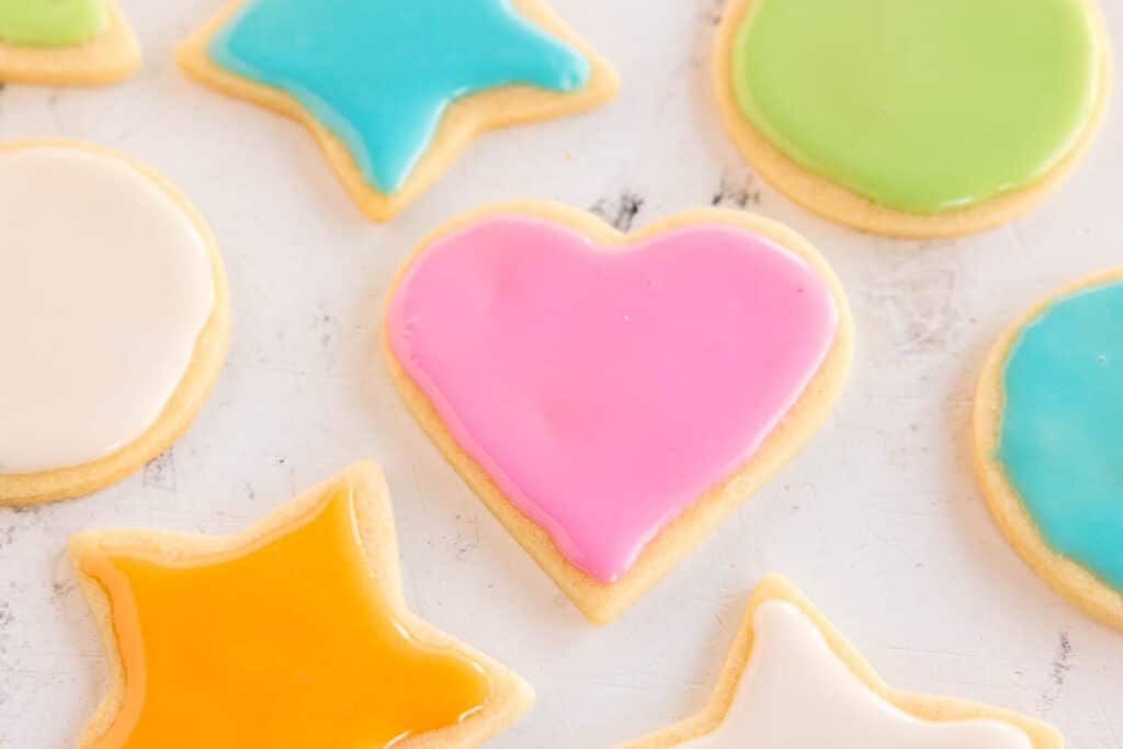 a closeup of colorful iced sugar cookies.