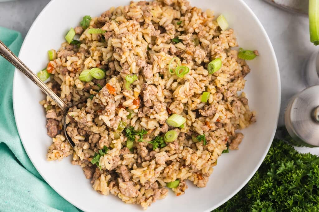 overhead shot of a bowl of dirty rice with a spoon in it.