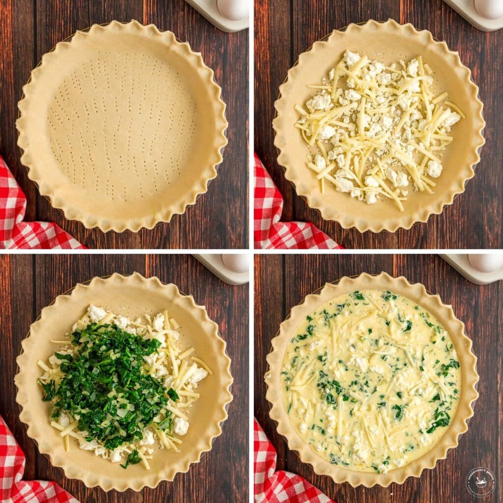 Overhead shot of four stages of assembling a quiche: empty pie crust, added cheese, added spinach, and filled with egg mixture.