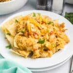 A white plate is piled with crock pot King Ranch chicken over tortilla chips.
