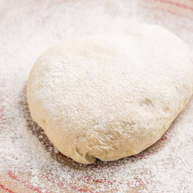 A round ball of dough dusted with flour on floured surface.