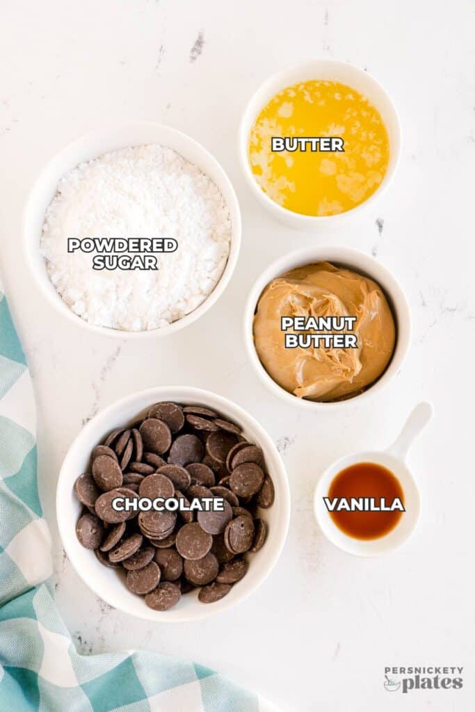 Five bowls showing ingredients for buckeye balls.