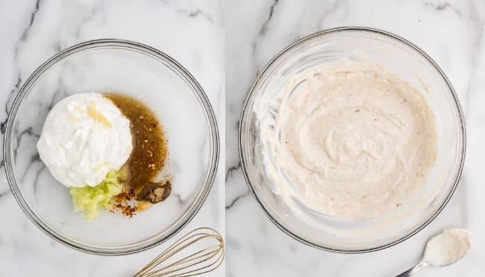 Two glass bowls showing the before and after of mixing a yogurt-based sauce.