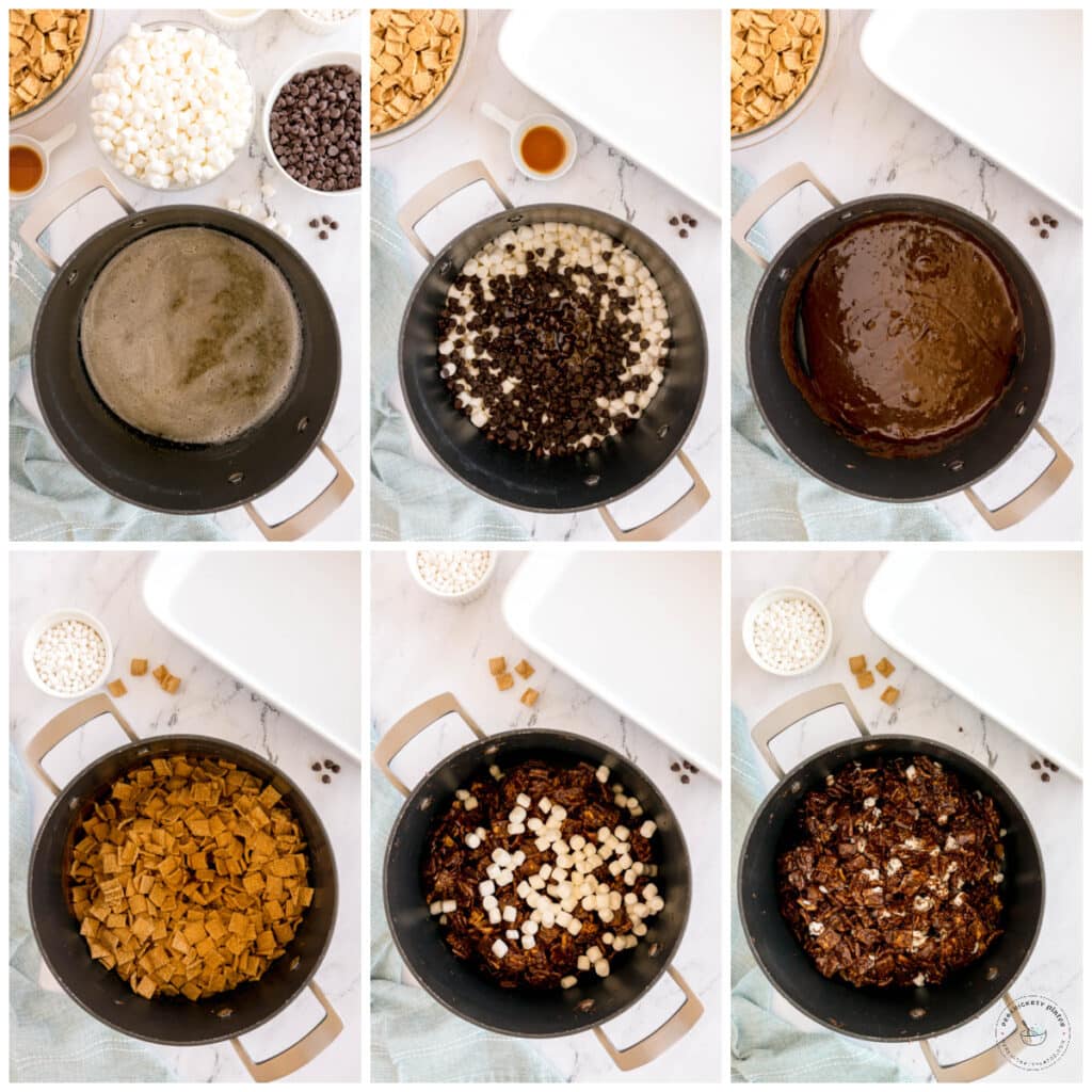 Step-by-step collage of the s’mores bar recipe process: melting butter, adding chocolate chips and marshmallows, stirring into a smooth chocolate mixture, folding in cereal, mixing in marshmallows, and the final coated mixture in the pot.