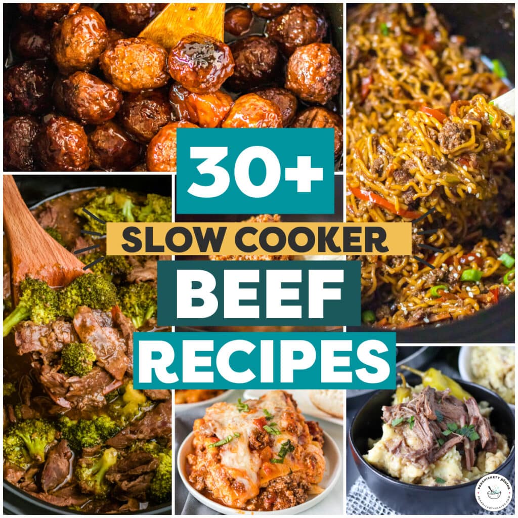 A five-image collage of various beef slow cooker dishes including glazed meatballs, beef with broccoli, ground beef noodles, cheesy beef lasagna, and shredded beef over mashed potatoes.