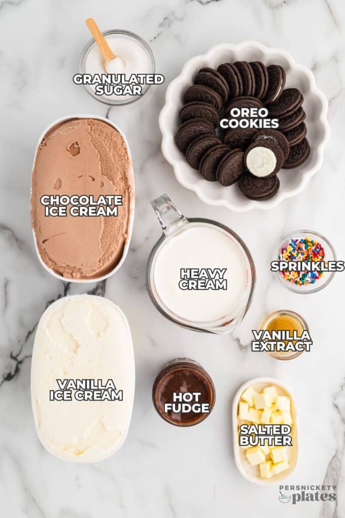 Overhead view of labeled ingredients for ice cream cake.