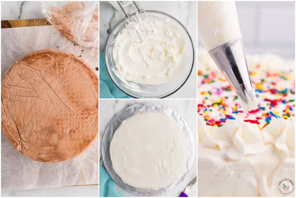 Collage of chocolate ice cream cake being frosted with whipped cream and decorated with sprinkles.
