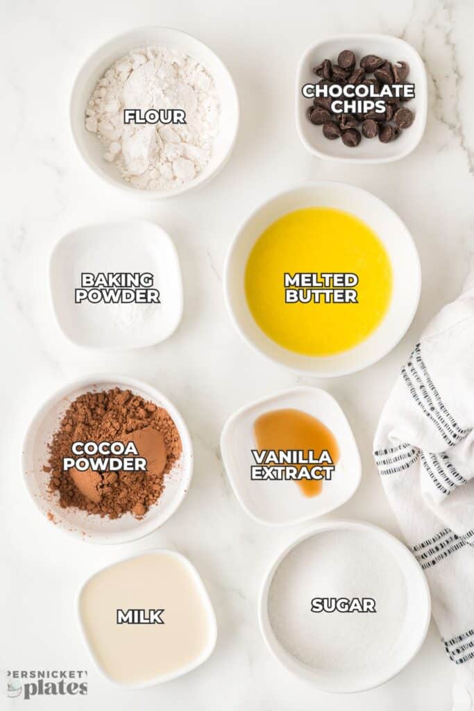 labeled brownie ingredients in small bowls.
