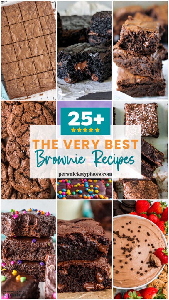 collage of different brownie types, from classic chocolate squares to fudgy brownies topped with sprinkles.
