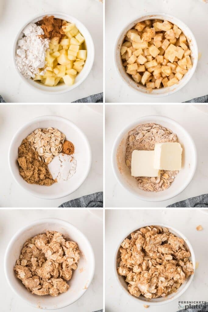 Step-by-step collage showing how to make single serve apple crisp with diced apples, cinnamon, oats, and butter in small white bowls.