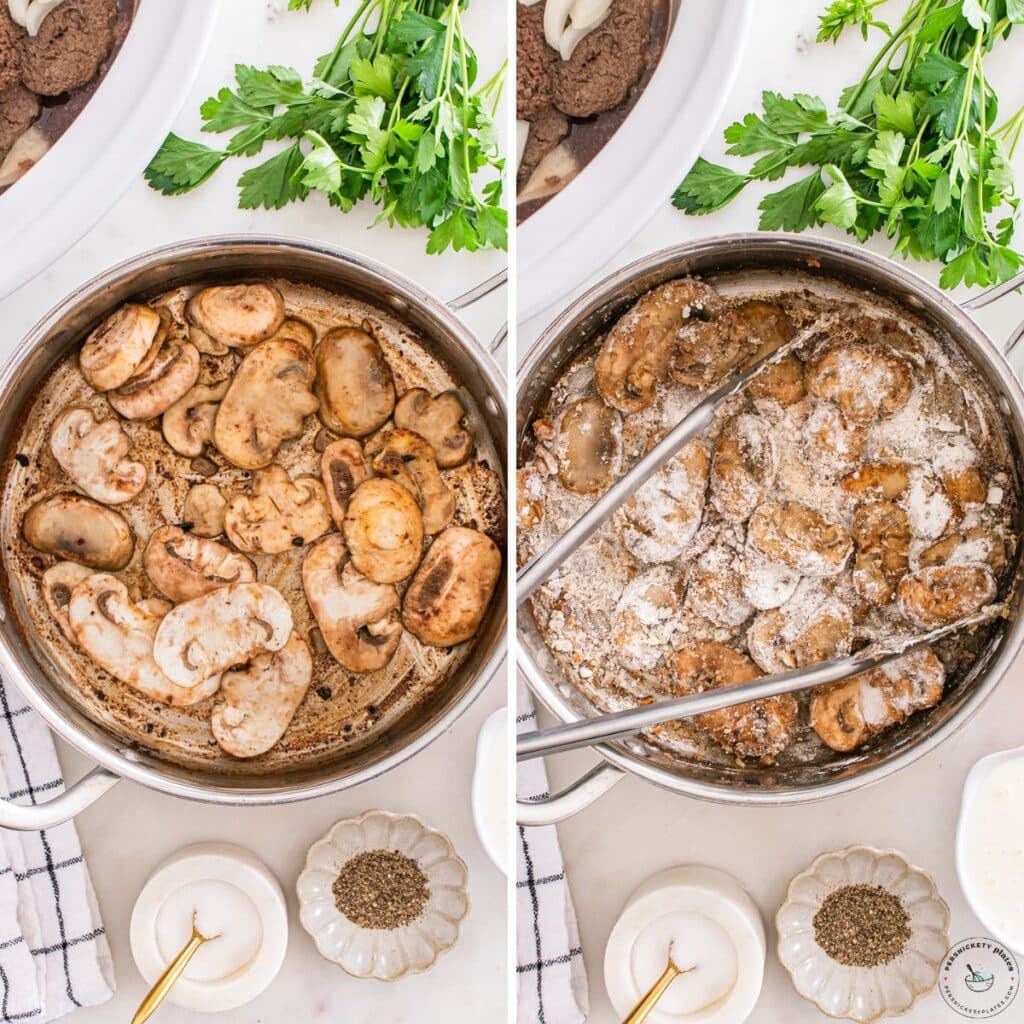 Two cooking pans filled with sautéed mushrooms at different stages of browning.