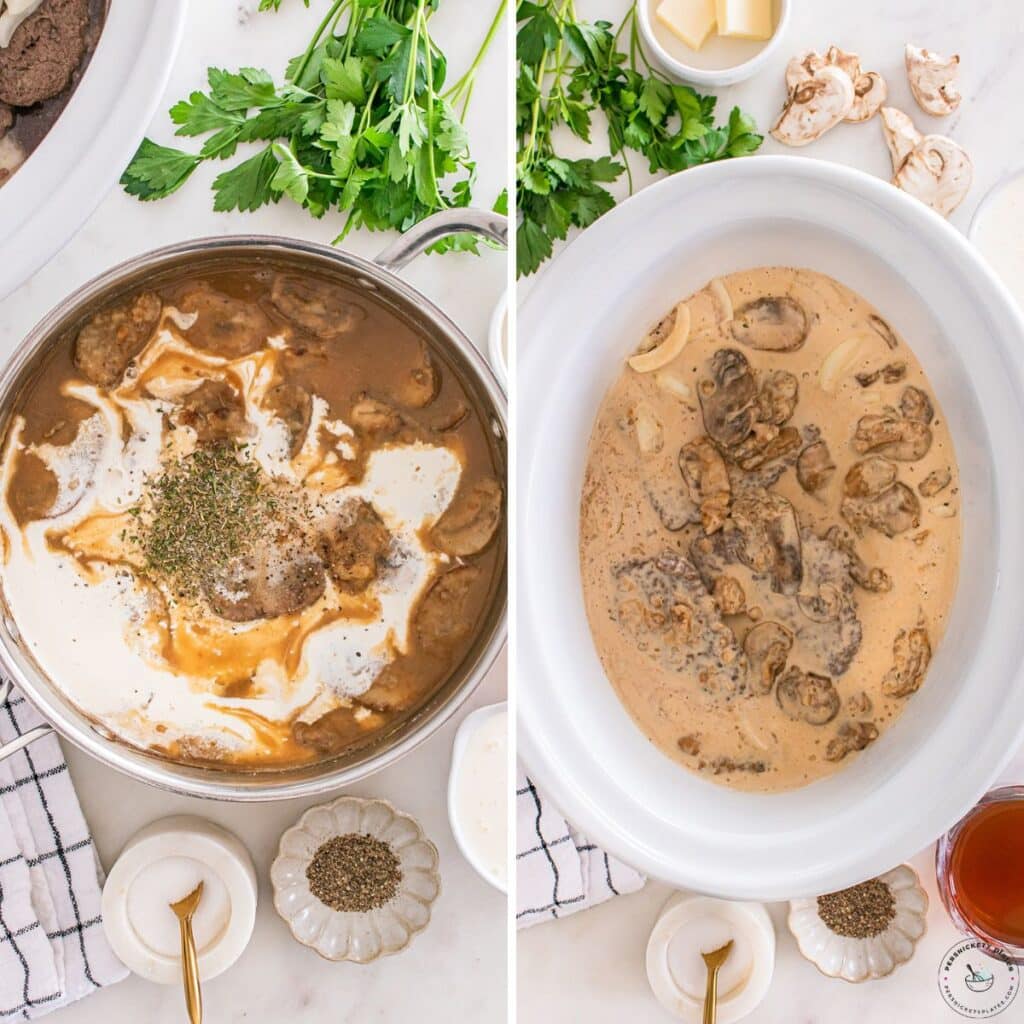 Two side-by-side pans showing different stages of making gravy with mushrooms and cream.