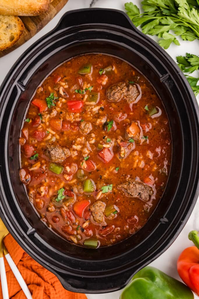 Stuffed pepper soup simmering in a slow cooker.