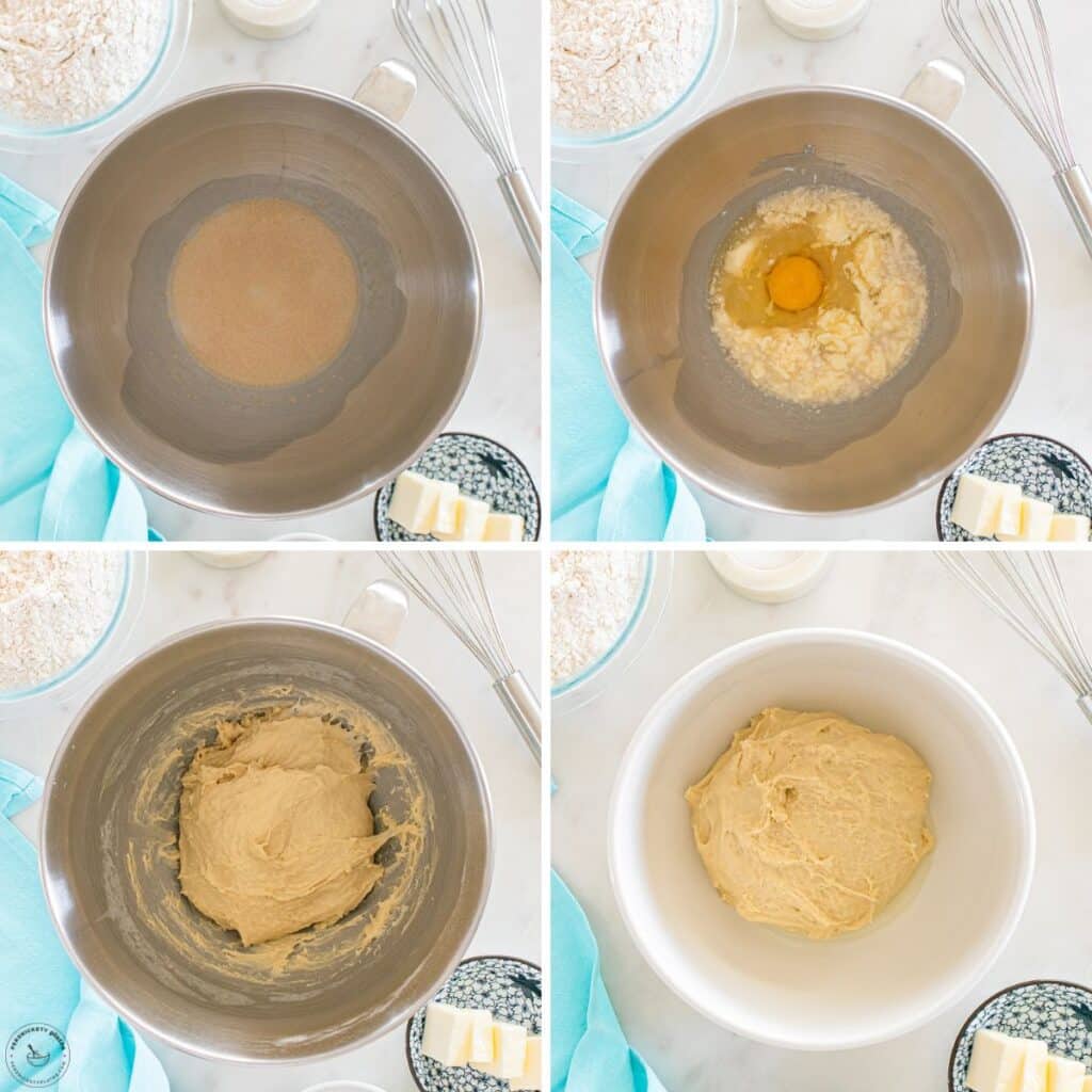 Four-step collage of mixing crescent roll dough in a bowl.
