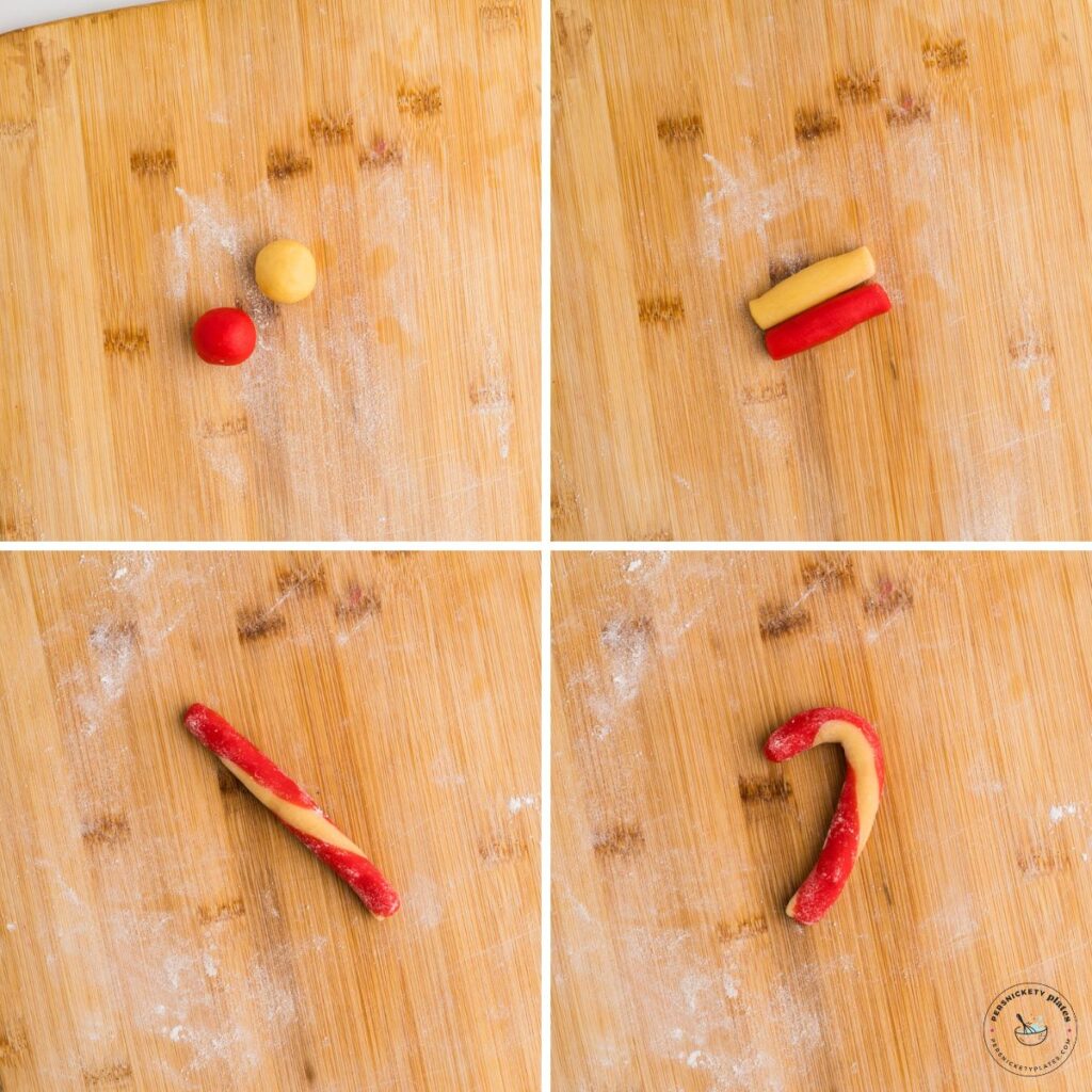 Step-by-step view of red and white cookie dough being shaped into a candy cane.