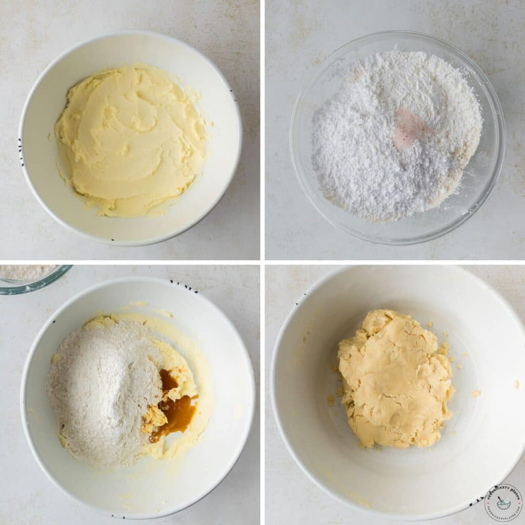 Four-step collage showing butter, dry ingredients, dough mixing, and finished cookie dough in bowls.