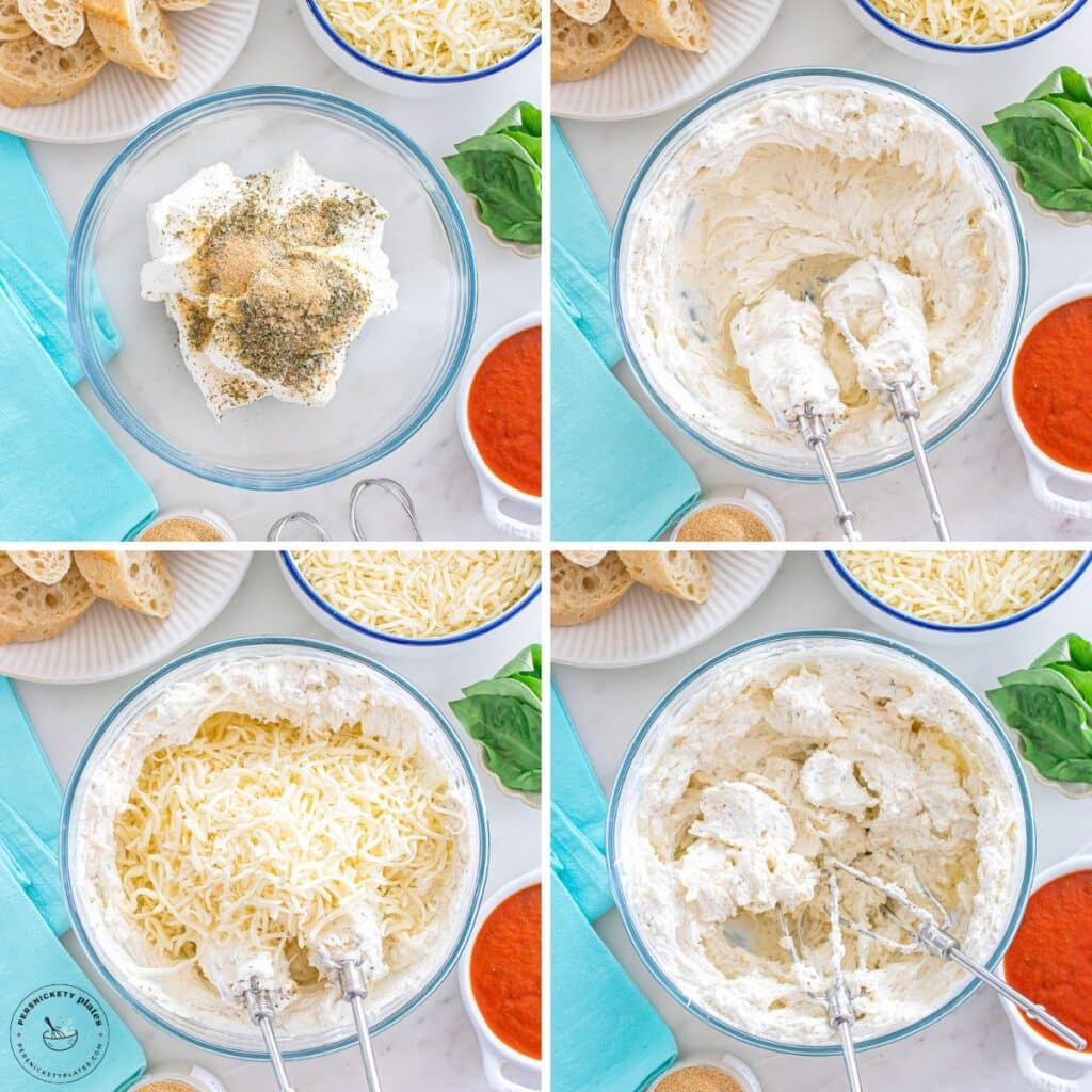 Four-step collage showing pizza dip mixture being mixed and prepared in a bowl.