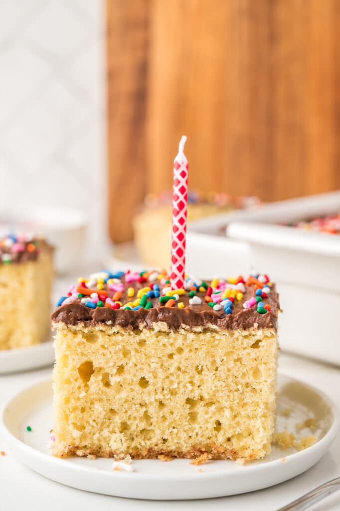 Slice of yellow cake with chocolate frosting, sprinkles, and a pink birthday candle.